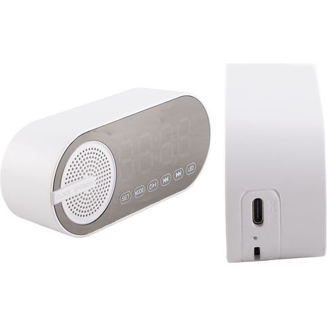 Réveil miroir neuf avec emplacement pour carte, haut-parleur Bluetooth, lumières colorées, basses puissantes, radio FM, enceinte portable à offrir, blanc. (1/5)