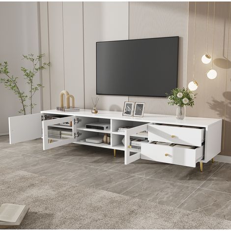 Mueble TV blanco 170 x 40 x 28 cm con 2 cajones, 2 puertas de vidrio y 1 puerta OKMYHOME (1/5)