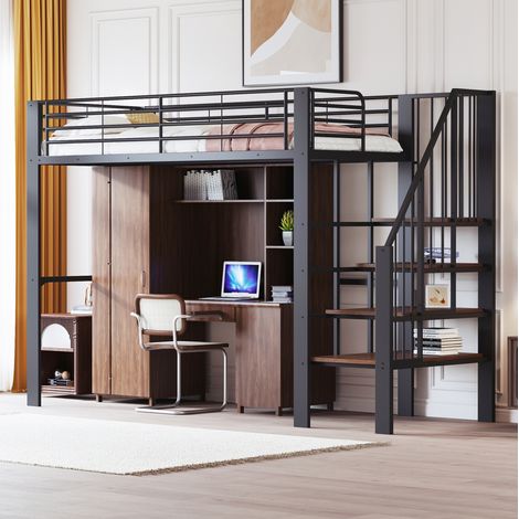 CHICFURN Cama alta 90x200 cm de metal negro con escalera y almacenaje para espacios pequeños (1/5)