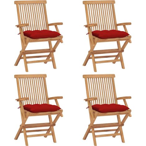 vidaXL Chaises pliantes avec coussins rouges, 4 pièces, en bois de teck massif (1/5)