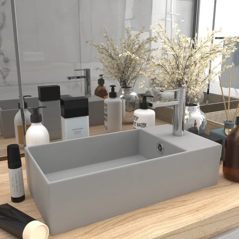 Lavabo de salle de bain avec trop-plein, en céramique, gris clair