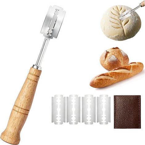 Couteau à pâte - Couteau à levain - Recharge pour couteau à pâte - Manche en bois 18,5 cm - Avec 5 lames et étui de rangement - Ustensiles de boulangerie pour pain au levain et baguettes (1/5)