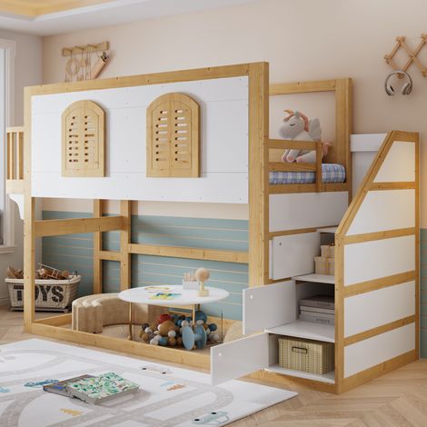 Lit mezzanine enfant 90 x 200 cm en bois avec escalier de rangement et aire de jeu,sommier à lattes, blanc et bois (1/5)