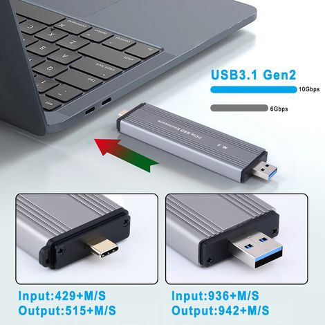 Boîtier SSD externe portable en aluminium M.2 NVMe PCIe avec port USB 3.2 Gen 2 Type-C et double connecteur. (1/5)