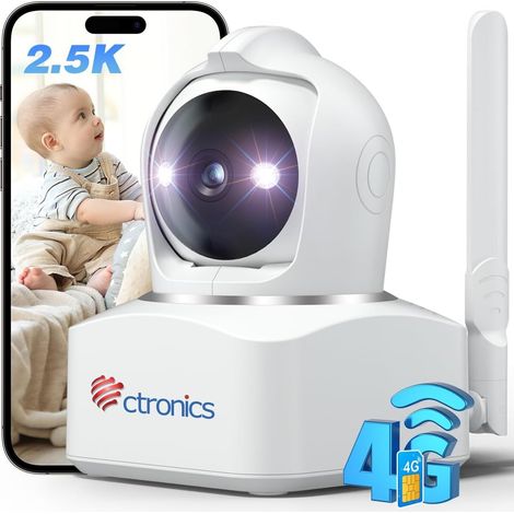Ctronics Caméra Surveillance Intérieure 4MP 3G/4G LTE avec Carte SIM, 360°PTZ, Détection Humaine/Mouvement, Suivi Auto, Vision Nocturne Couleur (1/5)