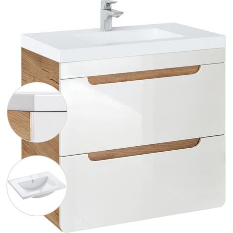 Waschtischunterschrank 61 cm mit Keramikbecken LUTON-56 Hochglanz weiß mit Wotan Eiche Nb. B/H/T ca. 61/63/46 cm (1/5)