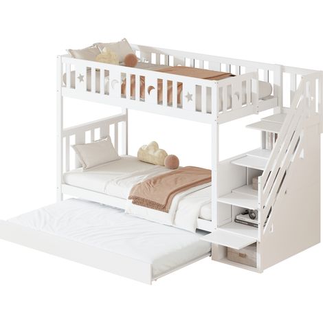 Lit superposé enfant 90x200 cm avec lit gigogne 90x190, escaliers de rangement, cadre à lattes et sécurité renforcée, blanc, pour chambre compacte  CHICFURN (1/5)