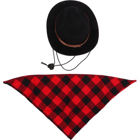 Chapeau de cowboy et écharpe pour chien, ensemble de costumes réglables pour animaux de compagnie, pour jeu de rôle de fête d'Halloween (grille noire et rouge) (1/5)