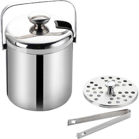 Seau à glace avec couvercle et pince, seau à glace isotherme en acier inoxydable à double paroi pour bouteille de champagne ou de vin avec passoire A (1/5)