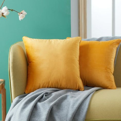 Housse d'oreiller style scandinave 2 pièces, taie d'oreiller en velours jaune (45x45cm) (1/4)
