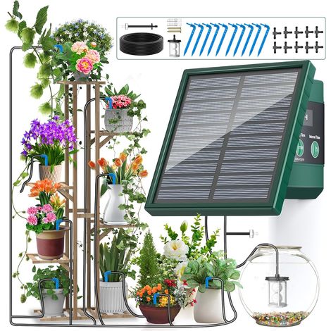 Sistema di irrigazione solare per giardino, balcone, sistema di irrigazione automatico per esterni/interni, sistema di irrigazione fai da te per giardino, tubo antisifone e tubo di irrigazione a gocci