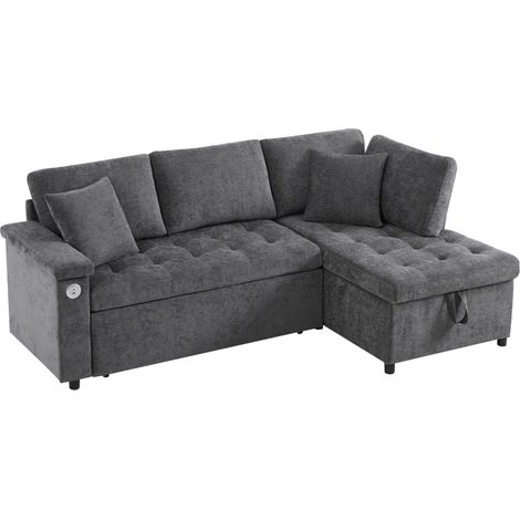 Canapé d'angle droit en L avec canapé-lit, rangement intégré, port USB et 2 coussins, gris (1/5)