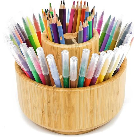 Organiseur de bureau rotatif 360° en bambou, grand porte-crayons pour crayons, crayons de couleur et pinceaux, dimensions 20 x 14,5 cm (1/5)