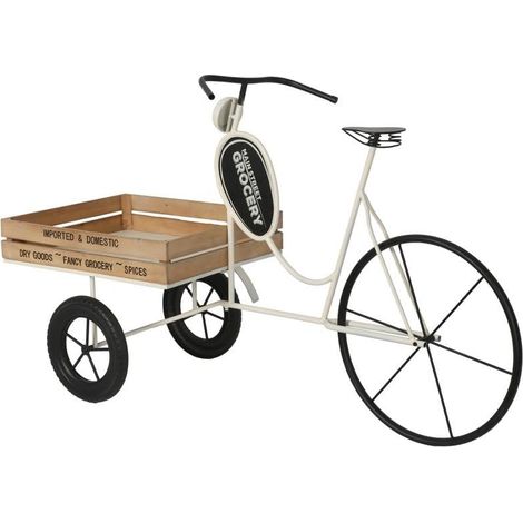 Tricycle Jardinière en métal avec Plateau en Bois Blanc, Noir et Naturel 89 x 151 x 56 cm