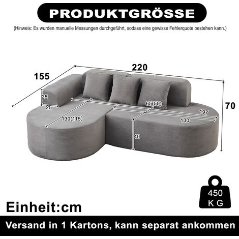 Canapé d'angle modulaire moderne en forme de L, de 220 cm de long, en velours côtelé avec dossiers et accoudoirs incurvés, équipé de trois coussins convient aux salons, salles de jeux et espaces de d (1/5)