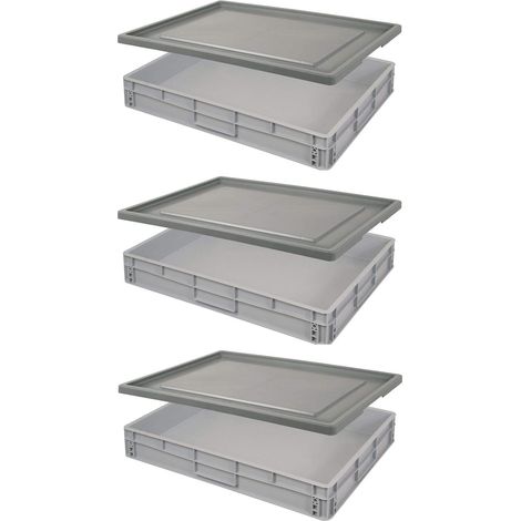BRB 3 Euroboxen LxBxH 800x600x120 mm, 48 Liter, mit Stülpdeckel, Griffleisten, Industriequalität, lebensmittelecht