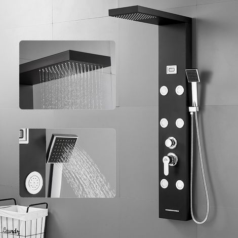 Schwarz Duschpaneel Duscharmaturen Set mit 7 Düsen mit Wassertemperatur Dispaly Duschsystem Edelstahl SUS304 duschpaneel mit massage