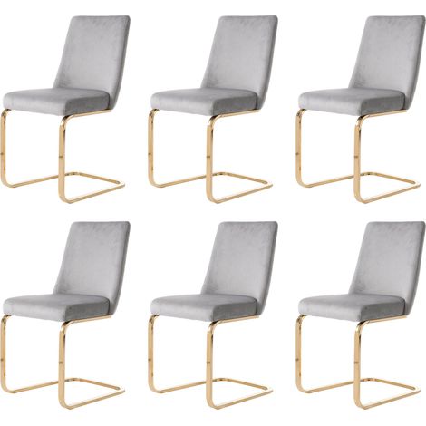 Juego de 6 sillones de terciopelo, tapizados en gris con respaldo en forma de diamante y soporte de metal dorado, ideal para sala de estar, dormitorio, estudio u oficina. (1/5)