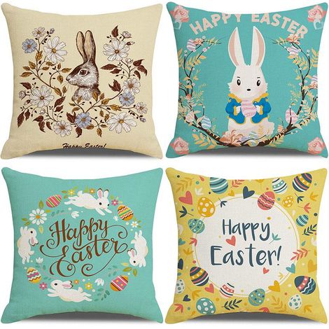 4 housses de coussin de Pâques lapin et œuf, en coton et lin doux, décoration pour canapé, bureau, lit, fêtes de printemps (1/5)