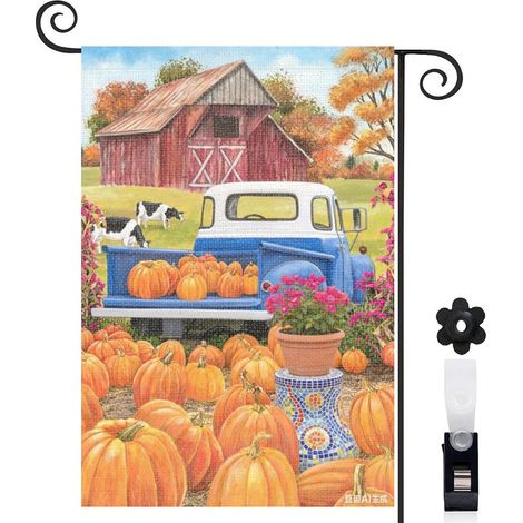 Drapeau de jardin automne 30 x 45 cm motif camion ancien et récolte de courges toile double face pour extérieur (1/5)