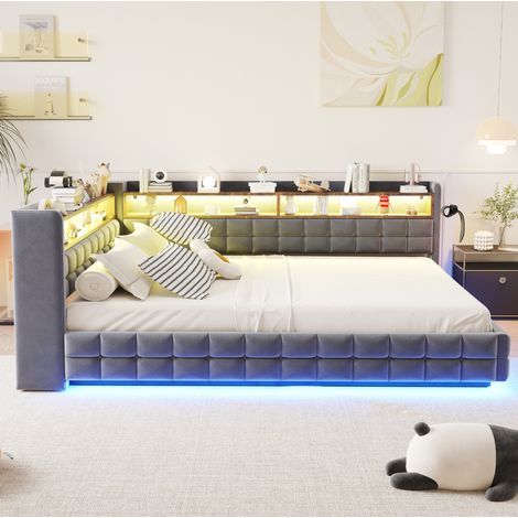 Schlafsofa-Bett 140x200 cm grau aus Velours mit Stauraum, LED-Beleuchtung und Ladeanschlüssen (1/5)