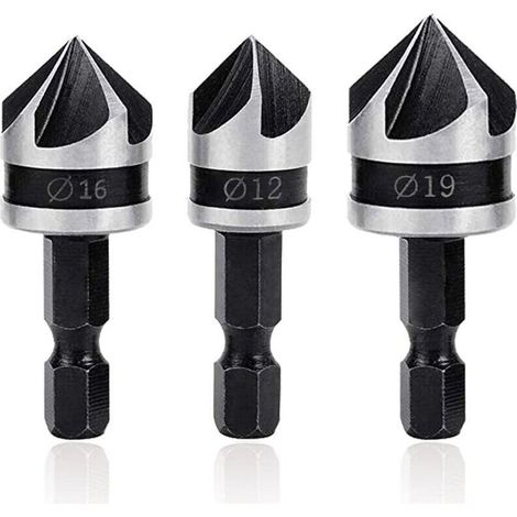 Kit Fraise à Chanfreiner 90° Fraise Conique 5 Flûtes, Outil de Coupe Bois avec Tige Hex 12mm/16mm/19mm (1/4)
