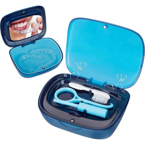 Boîte pour appareils dentaires, boîte pour prothèses dentaires avec revêtement en silicone, boîte pour attelles orthodontiques, rangement et nettoyage par immersion des fausses dents (bleu) (1/5)