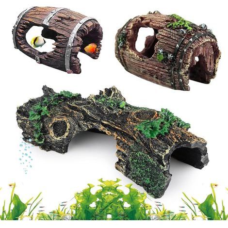 Decorazione per acquario in 3 pezzi effetto legno, tronco d'albero, grotta per acquario, ideale per piccoli gamberetti, pesci e altri animali acquatici di piccole e medie dimensioni. (1/5)