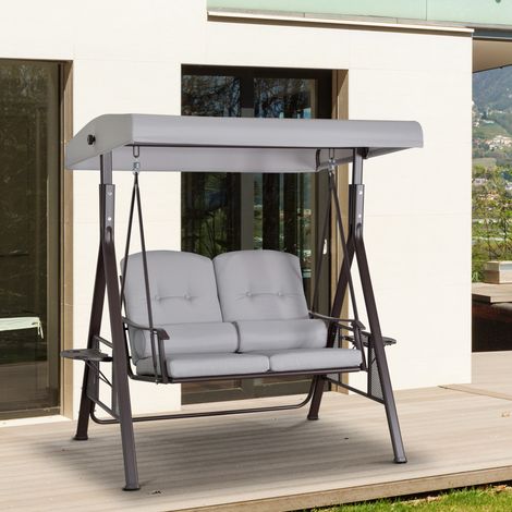 Outsunny 2-Sitzer Hollywoodschaukel Gartenschaukel mit Sonnendach Kissen Tablett Metall Polyester Grau 162 x 118 x 173 cm