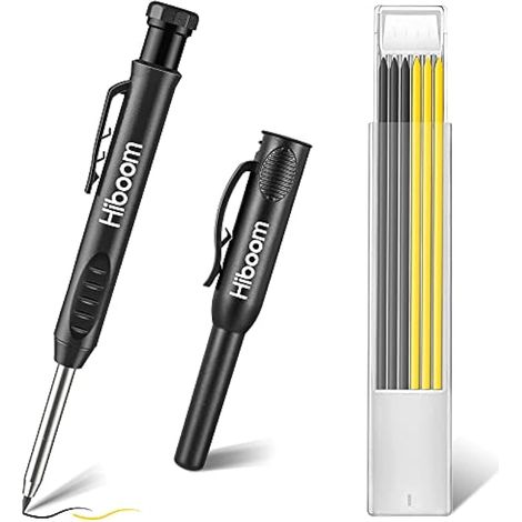 Hiboom Crayon de Charpentier Solide avec Porte-Crayon Mécanique et 6 Pièces de Recharges, Crayon à Bois à Trou Profond avec Taille-Crayon Intégré pour Charpentiers Traceurs Menuisiers