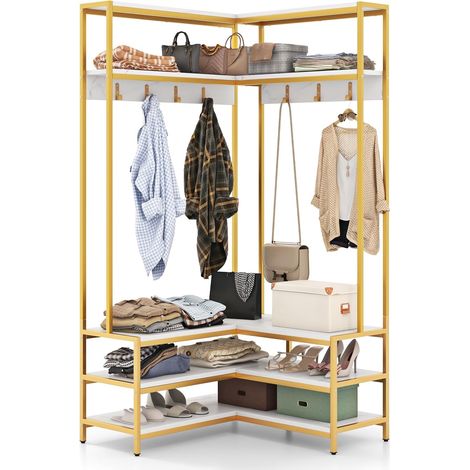 GOPLUS Porte-vêtements d'Angle Autoportant avec Etagères et 7 Crochets-Cadre en Métal Robuste-Kits Anti-basculement-90x90x178CM (Or+Blanc) (1/5)
