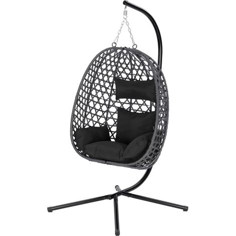Fauteuil suspendu avec support métallique, chaise hamac balançoire avec coussin et appui-tête, structure en tube galvanisé, pour jardin, balcon et intérieur, charge max 150 kg, noir