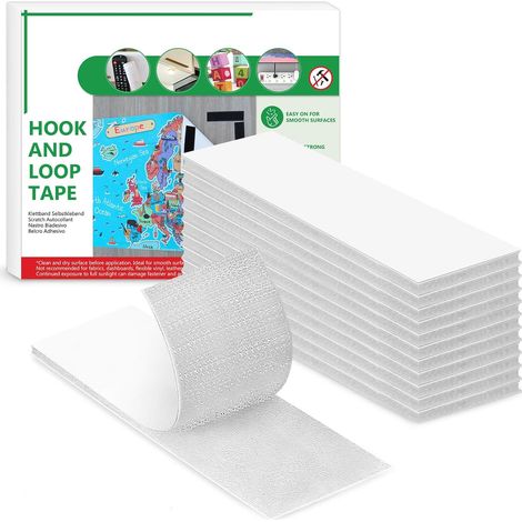 Scratch Autocollant Double Face, 12 PCS de 30 x 100 mm, Rubans Adhésifs, Bande Agrippantes Adhésives Avec Crochets Et Boucles (12 PCS 30 x 100 mm, Blanc) (1/5)