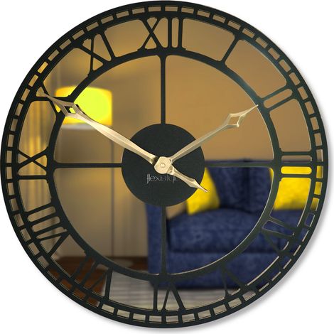 Metallwanduhr, schwarz, Spiegel, goldfarben, 50 cm