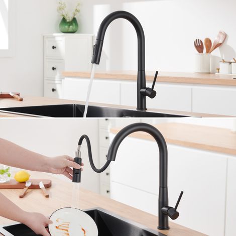 Hochdruck ausziehbare Küchenarmatur,  Küchenwasserhahn aus Edelstahl, 360° schwenkbar, Mischbatterie mit 2 Strahlarten, Schwarz (1/5)