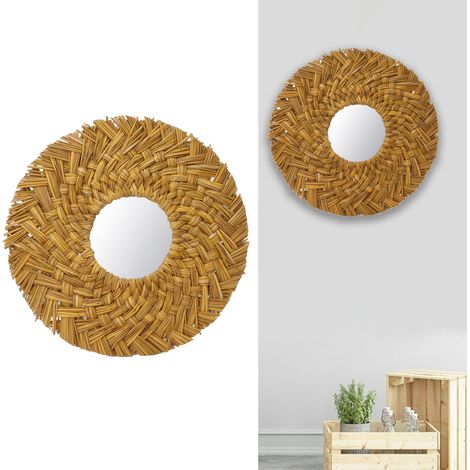 Espejo de pared de paja tejida – Decoración ecológica con marco dorado vintage, 14 cm de diámetro interior / 40 cm de diámetro exterior, peso 100 g (1/5)