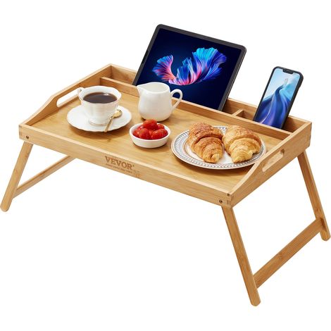 VEVOR Bandeja de Cama para Desayuno, Bandeja para Comida con Patas Plegables, Mesa de Cama Multifunción de Bambú, Panel de MDF, Soporte para Ordenador Portátil, Dibujo, Sofá, Comer, Trabajar, 55x35 cm