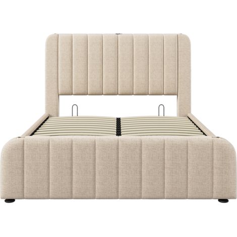 Letto matrimoniale capitonné 140 x 190 cm in lino beige con contenitore idraulico USB-C HOMVRA (1/5)