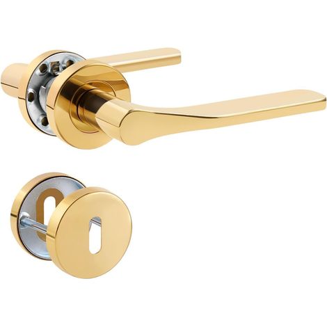 Poignée de porte dorée - En acier inoxydable mat - Poignée de porte pour porte d'entrée et porte intérieure - En forme de L - Poignée de lit - Rosace ronde (1/5)