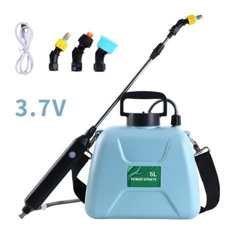 Pulvérisateur électrique de jardin avec 3 buses réglables, chargement USB, pulvérisateur phytosanitaire pour jardin, désherbage et lavage de voiture (pulvérisateur bleu 5 L) (1/4)
