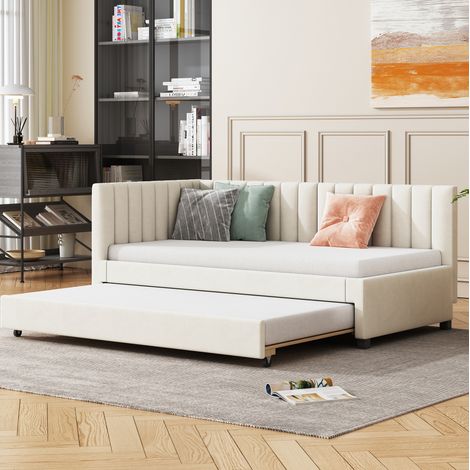 Schlafsofa (209.5x97x71 cm), ausziehbares Bett, Mid Century Modern, Samtstoff, beige (1/5)