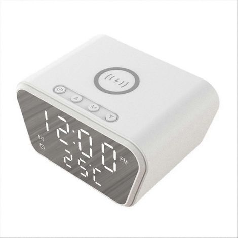 Réveil numérique LED blanc avec chargeur sans fil intelligent 15W, horloge digitale claire, fonction charge rapide pour smartphone, compatible Qi, idéal table de chevet, design moderne épuré. (1/5)