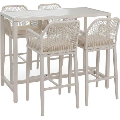 [NEUWERTIG] Set Bartisch + 4x Barhocker HHG-294, Barstuhl Stehtisch, Outdoor Sitzpolster Seilgeflecht Metall creme (1/5)