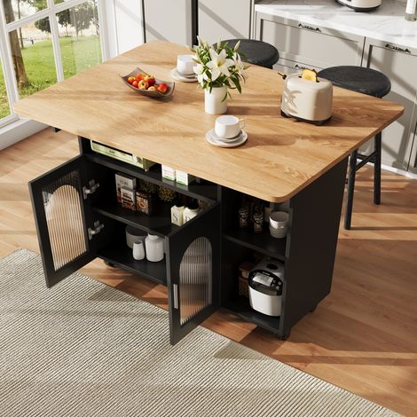 Desserte de cuisine 120x30x79,5 cm, avec 2 portes vitrées, cloisons ouvertes, roulettes pivotantes à 360°, plateau en bois rabattable, idéale pour cuisines et salles à manger - Noir