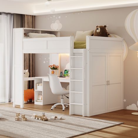 Modernluxe - Lit mezzanine 90x200 cm - Avec bureau et penderie intégrés - Port USB et LED - MDF - Blanc (sans matelas) (1/5)