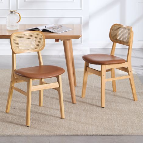 Wahson Lot de 2 Chaises en Cuir PU, Chaises Salle à Manger en Bois Chaise Rotin Chaise de Cuisine Confortable Pour Cuisine/Restaurant,Cuir PU, Marron