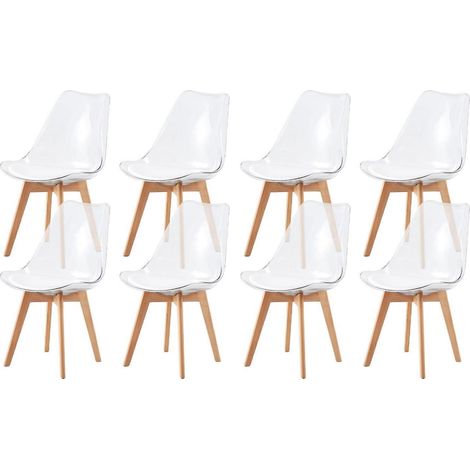 8er-Set Esszimmerstühle transparent mit Holzbeinen und weißem PU-Leder Sitzkissen (1/5)