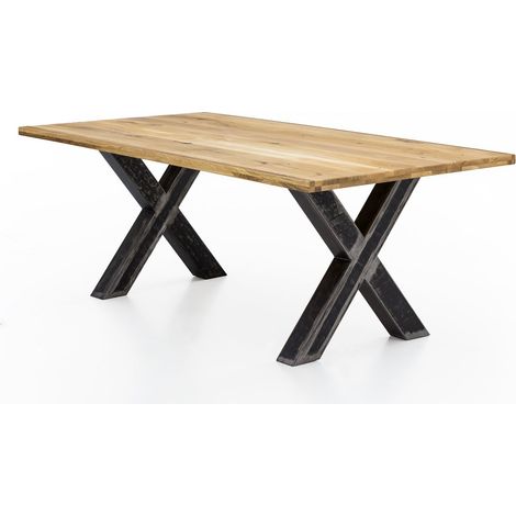 Table de salle à manger en chêne sauvage massif et métal style industriel 200x100 cm - PANGIVO (1/5)