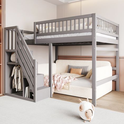 Lit superposé en bois massif 140x200 cm avec échelle et rangement, cadre de lit robuste avec haute barrière de sécurité pour enfants et adolescents, modèle Vecchio LDB00165AAE, idéal pour chambre d'en (1/5)