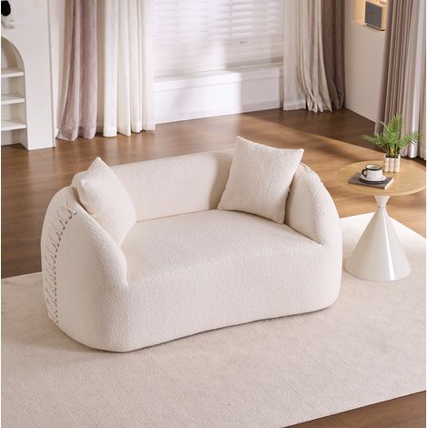 MODFU – Sofá de 2 plazas de chenilla 104 cm con diseño curvo, reposabrazos con lazos, 2 cojines y espuma – Blanco crema (1/5)